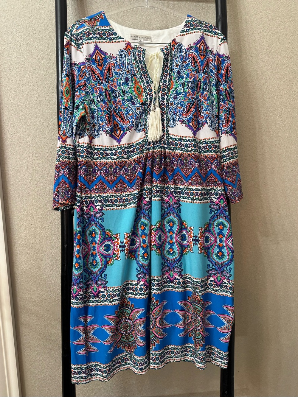 Sandra Darren Blue Multi Paisley Tassel-Front Midi Dress